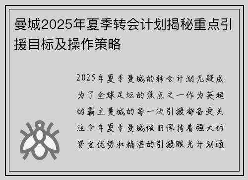 曼城2025年夏季转会计划揭秘重点引援目标及操作策略