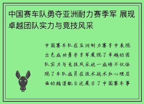 中国赛车队勇夺亚洲耐力赛季军 展现卓越团队实力与竞技风采